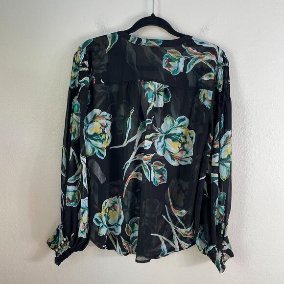 Chicos Womens 10 Blouse Sheer Black Floral Long Sleeve Button Up Shirt Top - Picture 10 of 11